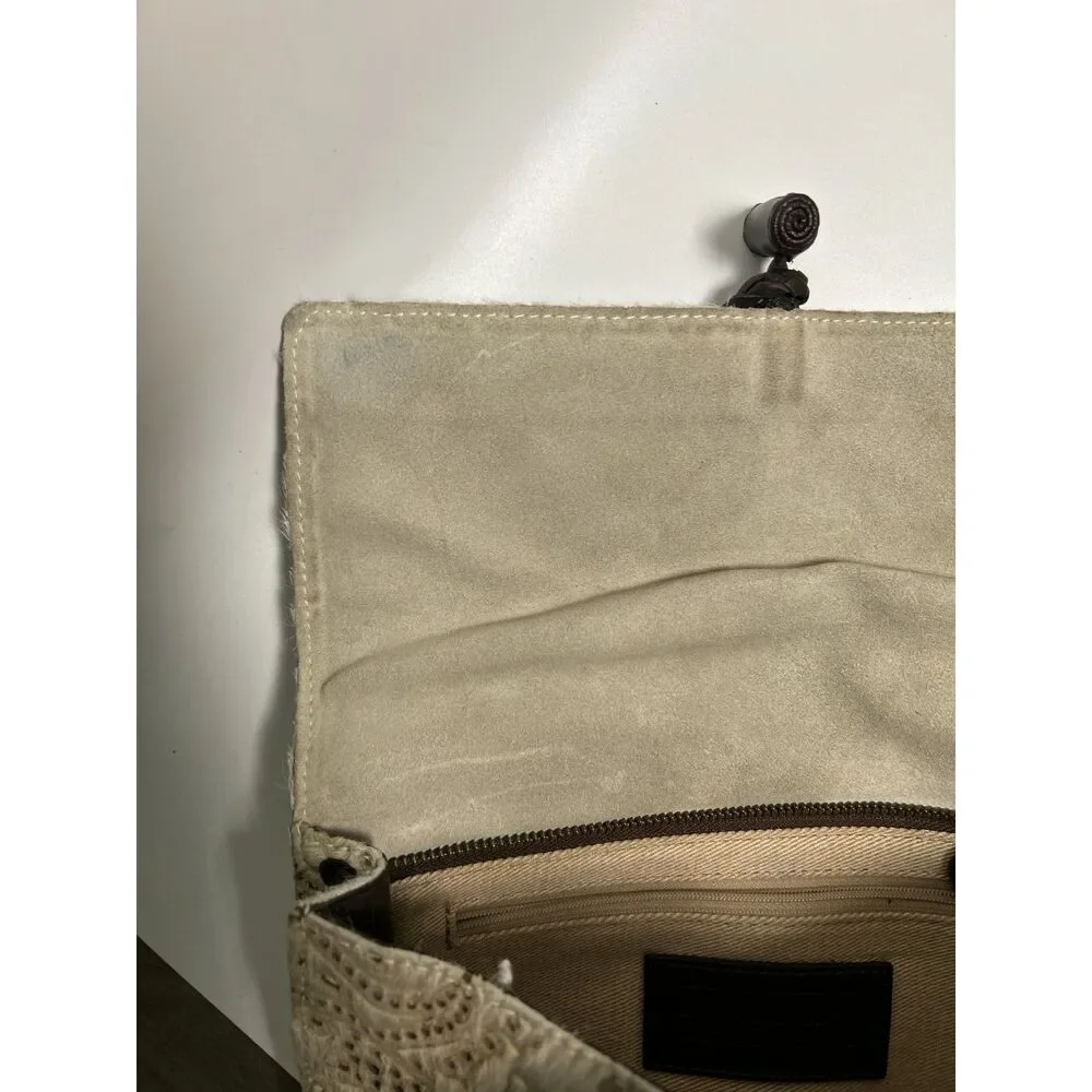 Penelope Chilvers Paisley Hair on Hide Leather Clutch Wrap Bag Boho Tassel Cream